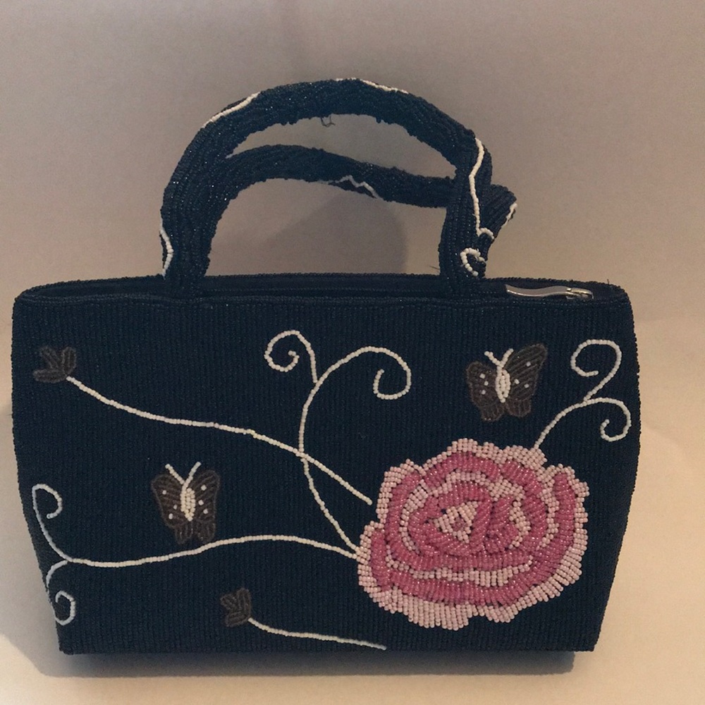 Beaded black satchel with flowers and butterflies